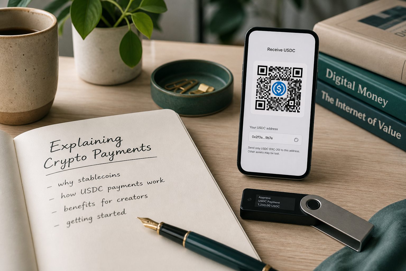 A hardware wallet and a phone showing a USDC receive QR on a writing desk.