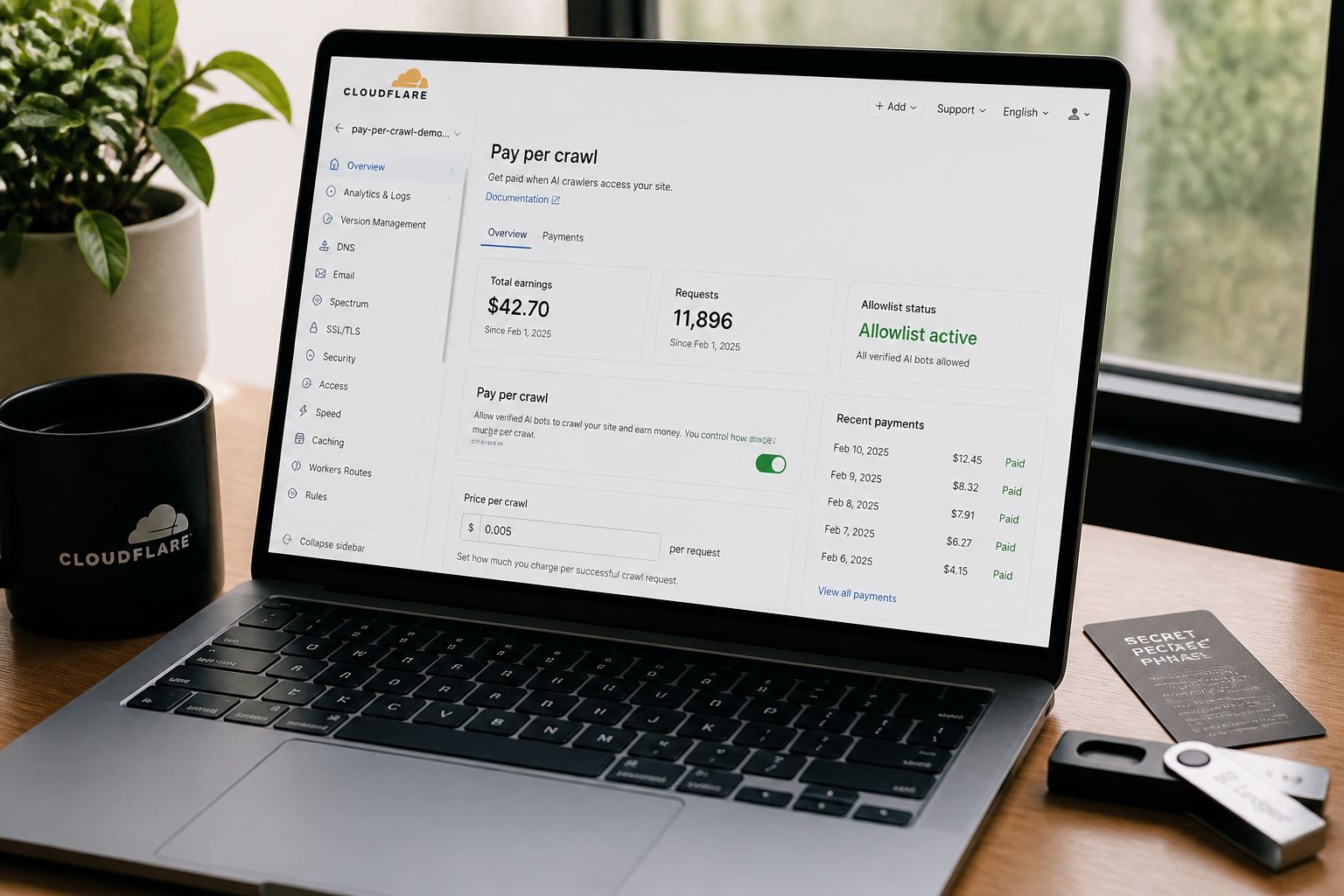 A laptop pay-per-crawl setting next to a hardware wallet.