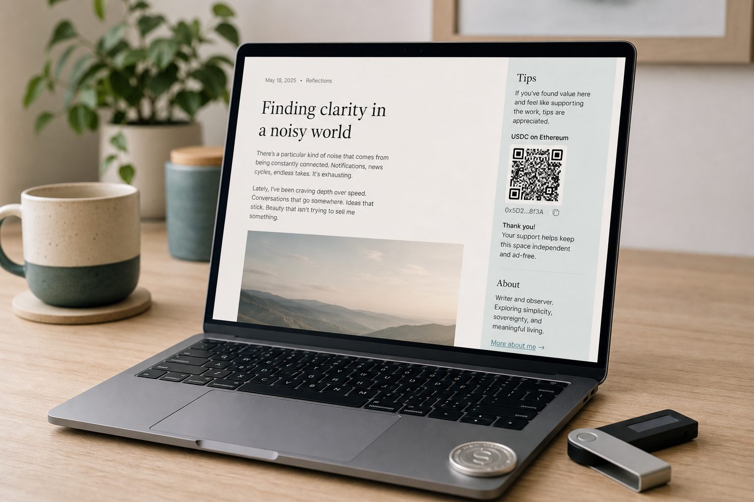 A blog sidebar with a USDC QR and a hardware wallet on the desk.