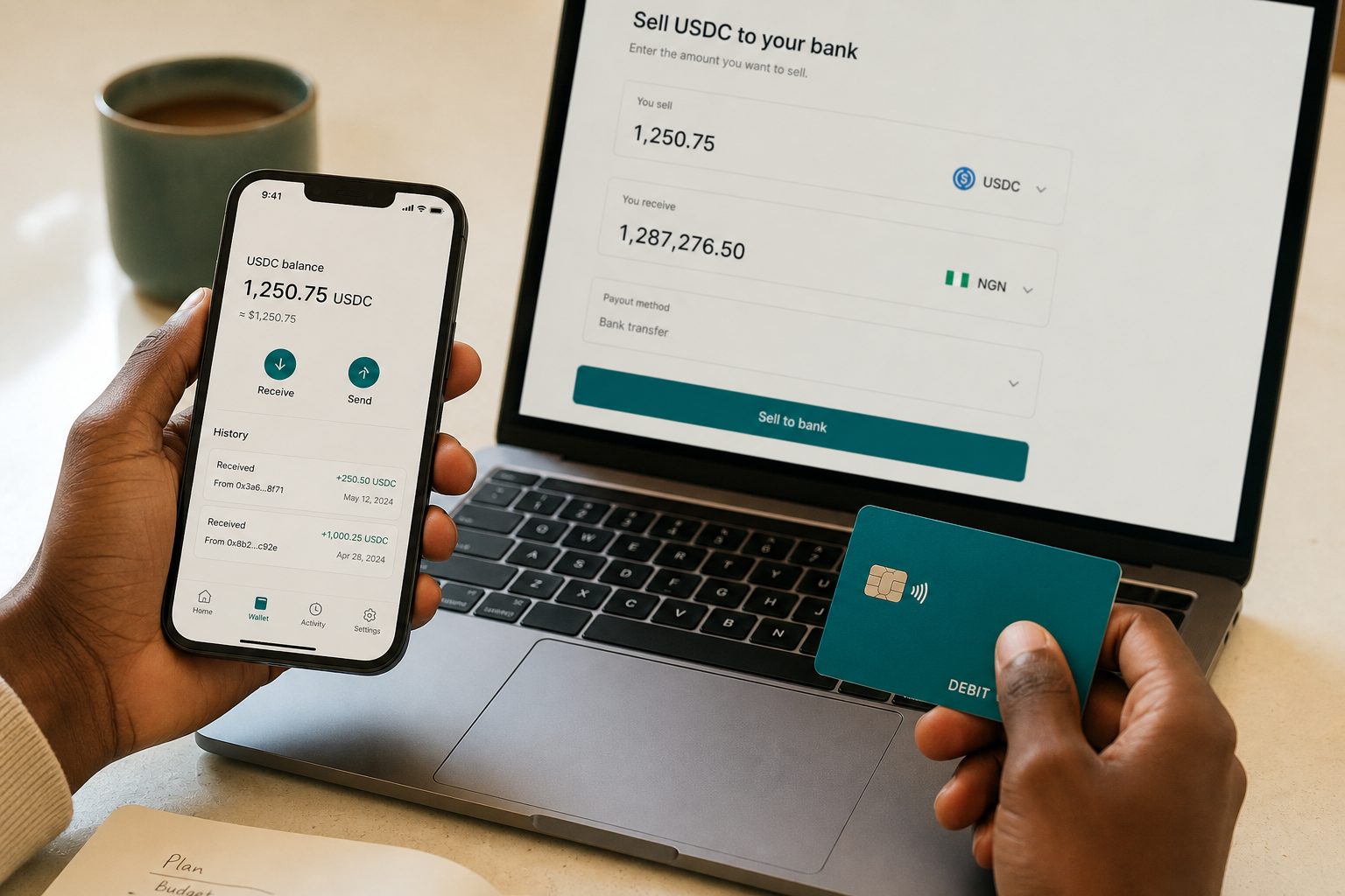 Cashing USDC out to a bank card from a wallet.