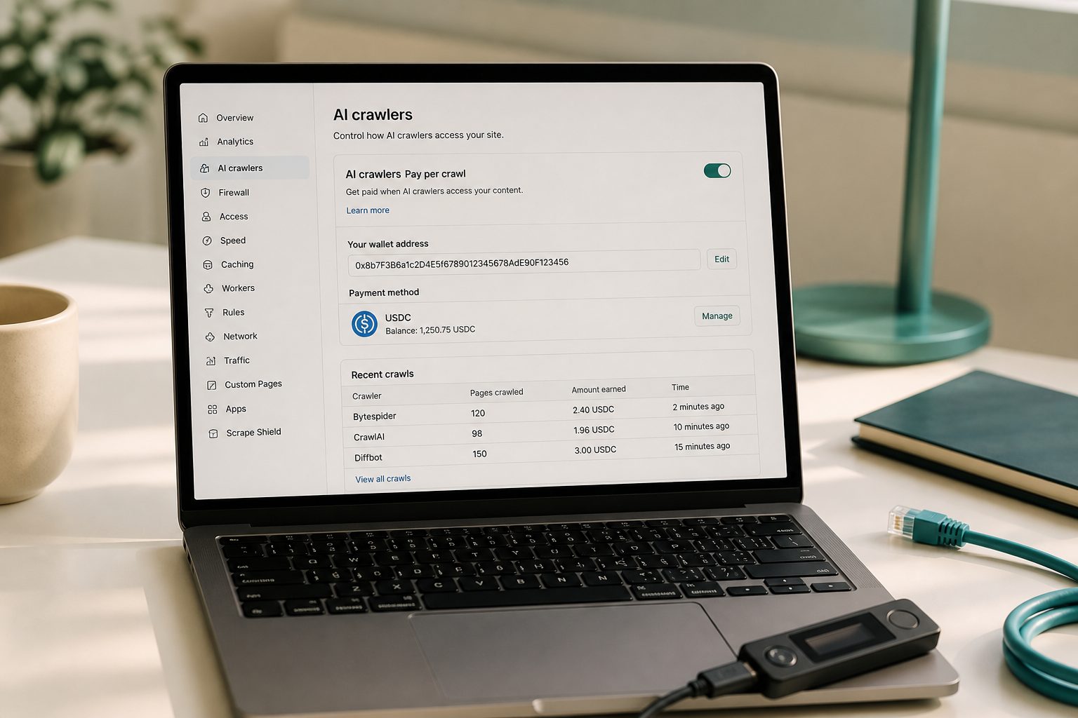 A pay-per-crawl dashboard with a USDC wallet field.