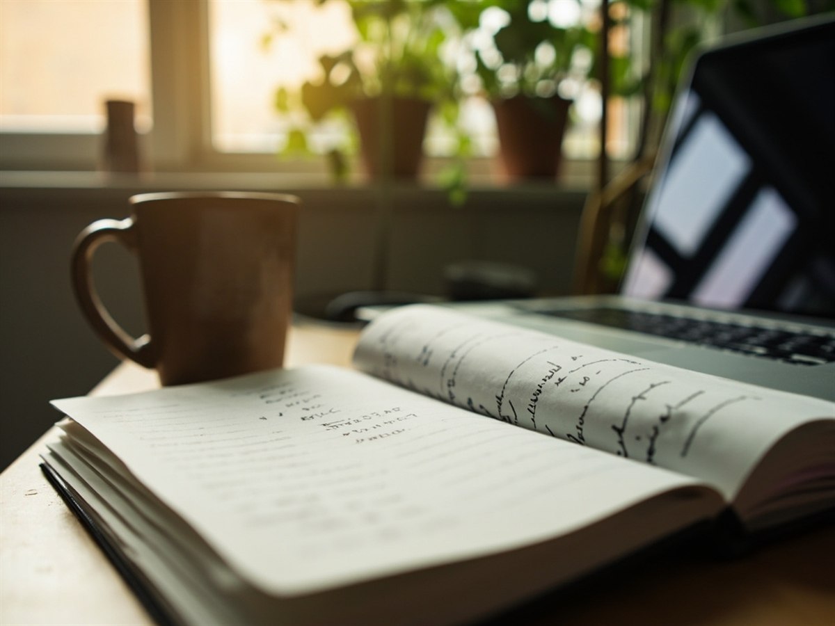 A small creator's home office desk in soft morning light, with a closed laptop, a notebook open to a hand-written budget, and a coffee mug.