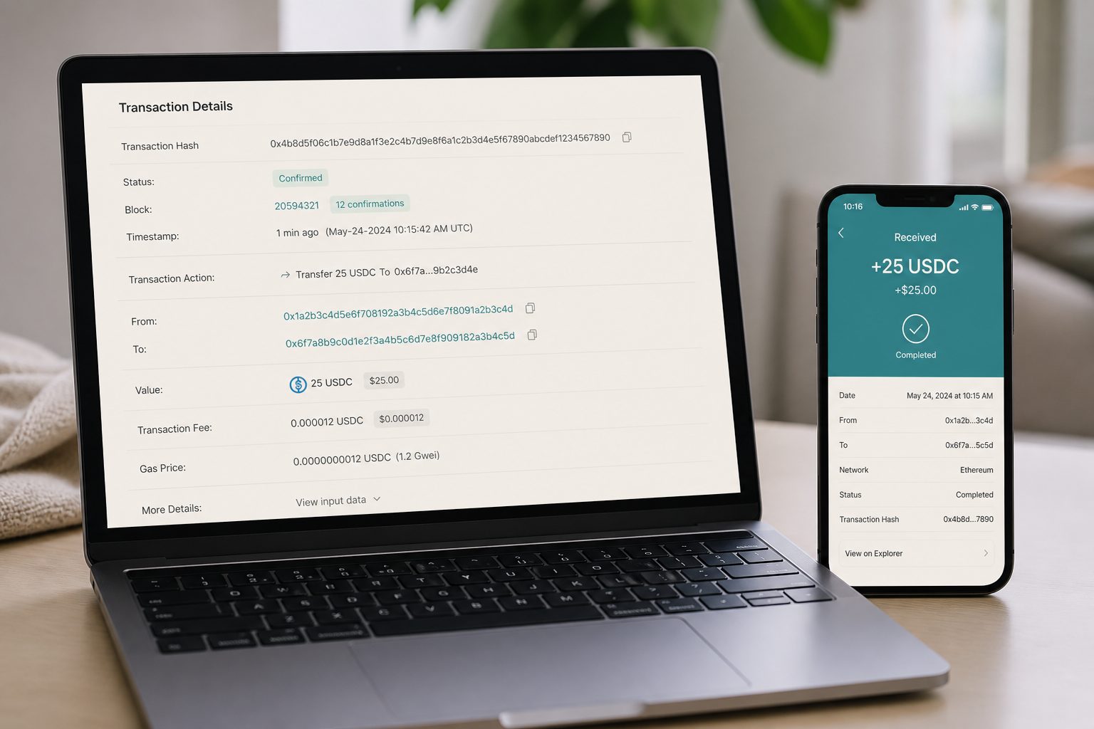 A blockchain explorer confirming a USDC transfer next to a wallet.