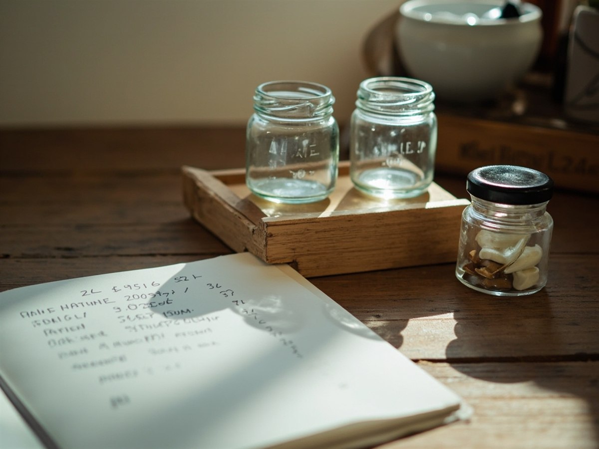 Three small jars labelled USDC, BTC and ETH sit on a wooden shelf, with a notebook beside them listing fees and payout dates.
