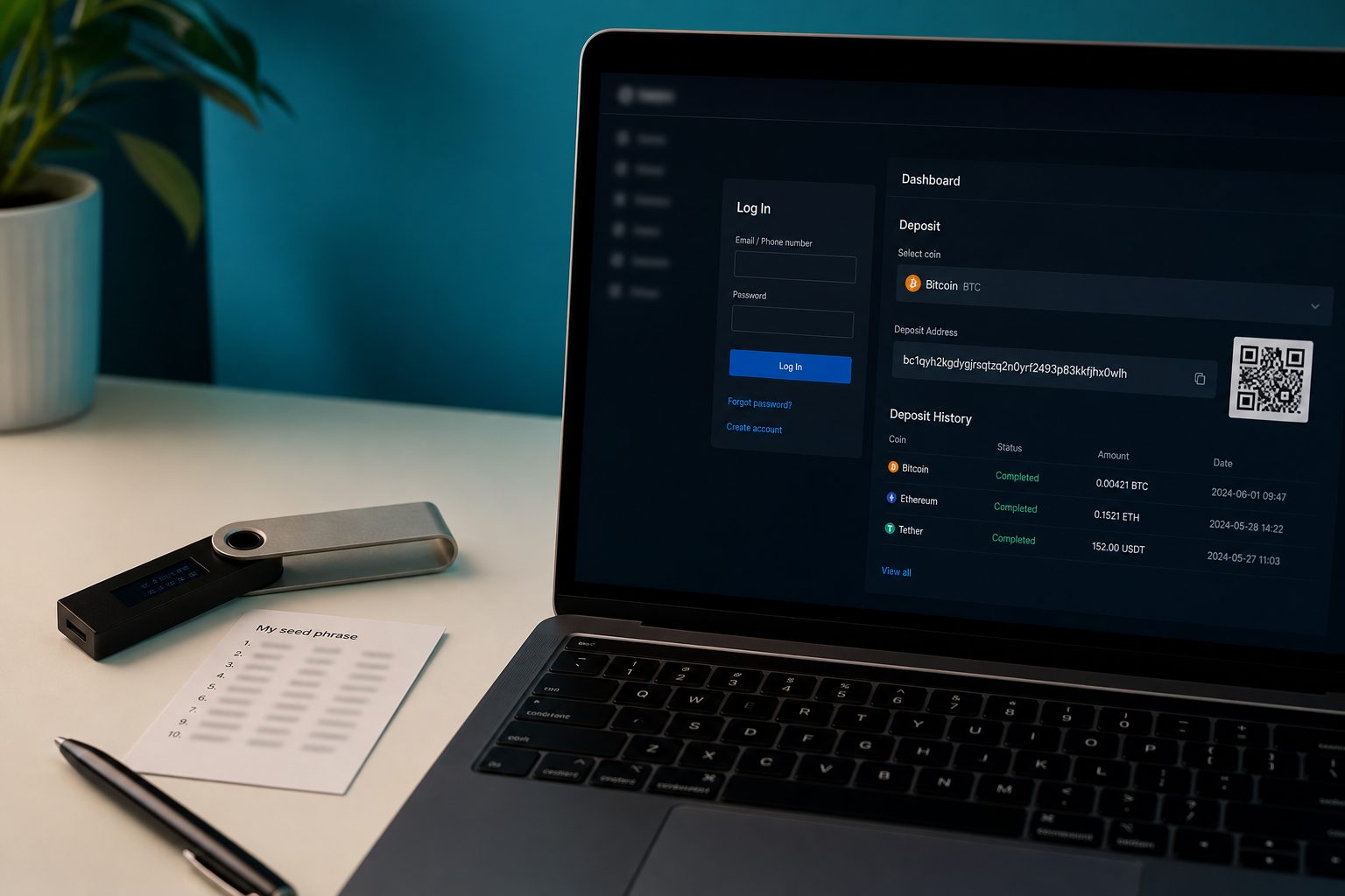 A hardware wallet and seed card beside an exchange deposit screen.