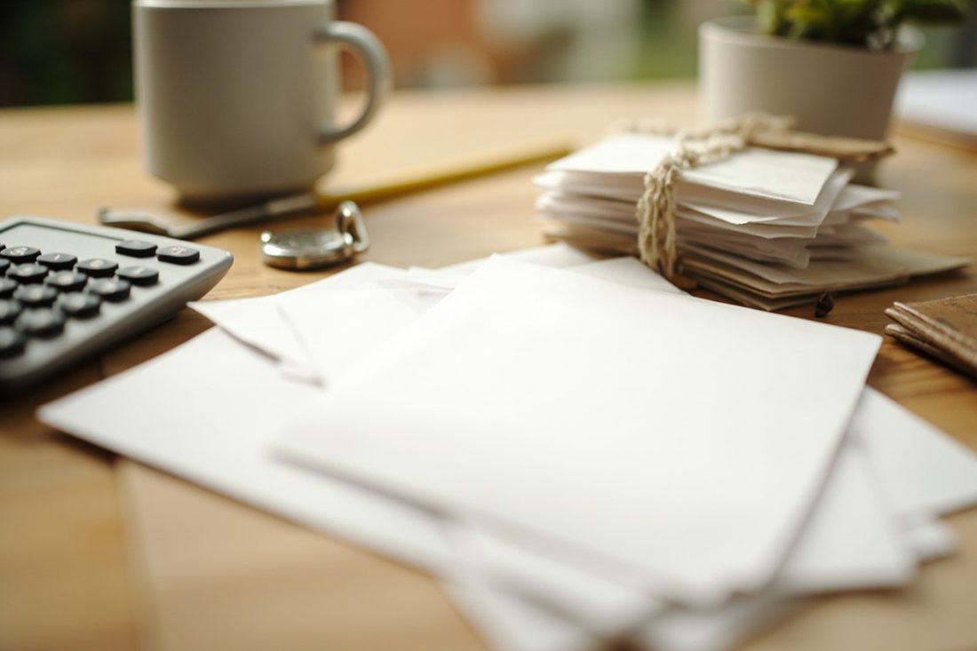 A wooden kitchen table in soft morning light with a gray calculator, a spread of blank white paper, a bundle of envelopes tied with twine, a small padlock, a pencil, a coffee mug and a potted plant.
