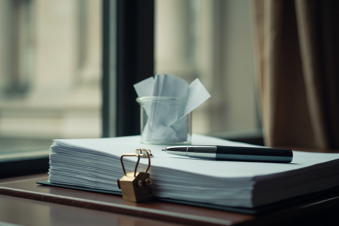 A thick stack of blank documents on a dark wooden desk by a window, with a small glass jar of folded paper notes, a silver pen and a brass padlock, and stone columns blurred in the street outside.