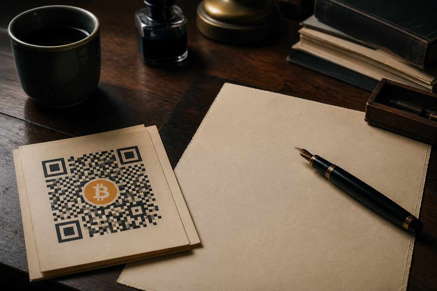A cream writing desk with a printed Bitcoin QR on a postcard and a fountain pen.