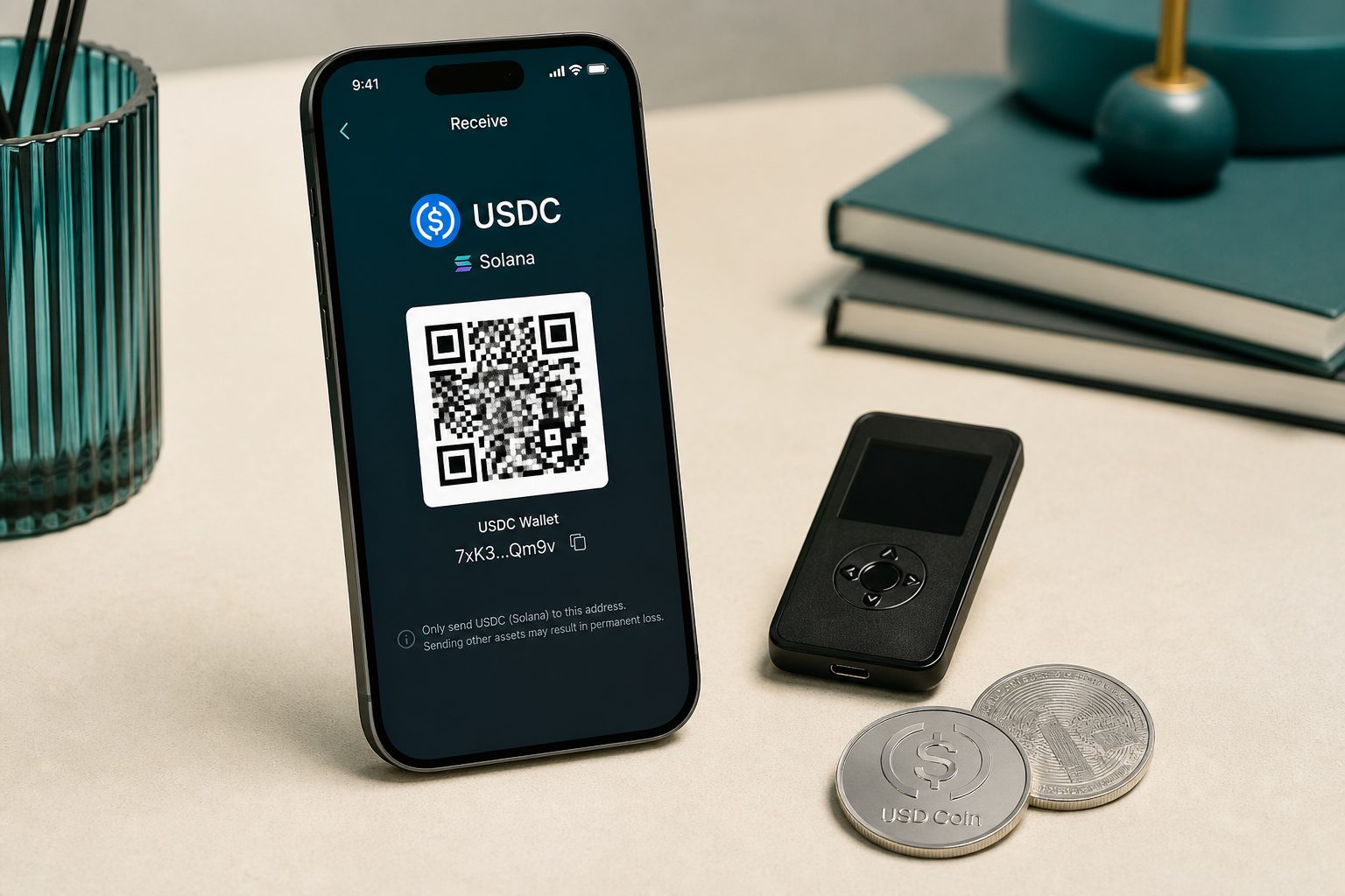 A phone showing a USDC receive QR next to a hardware wallet and silver stablecoins.