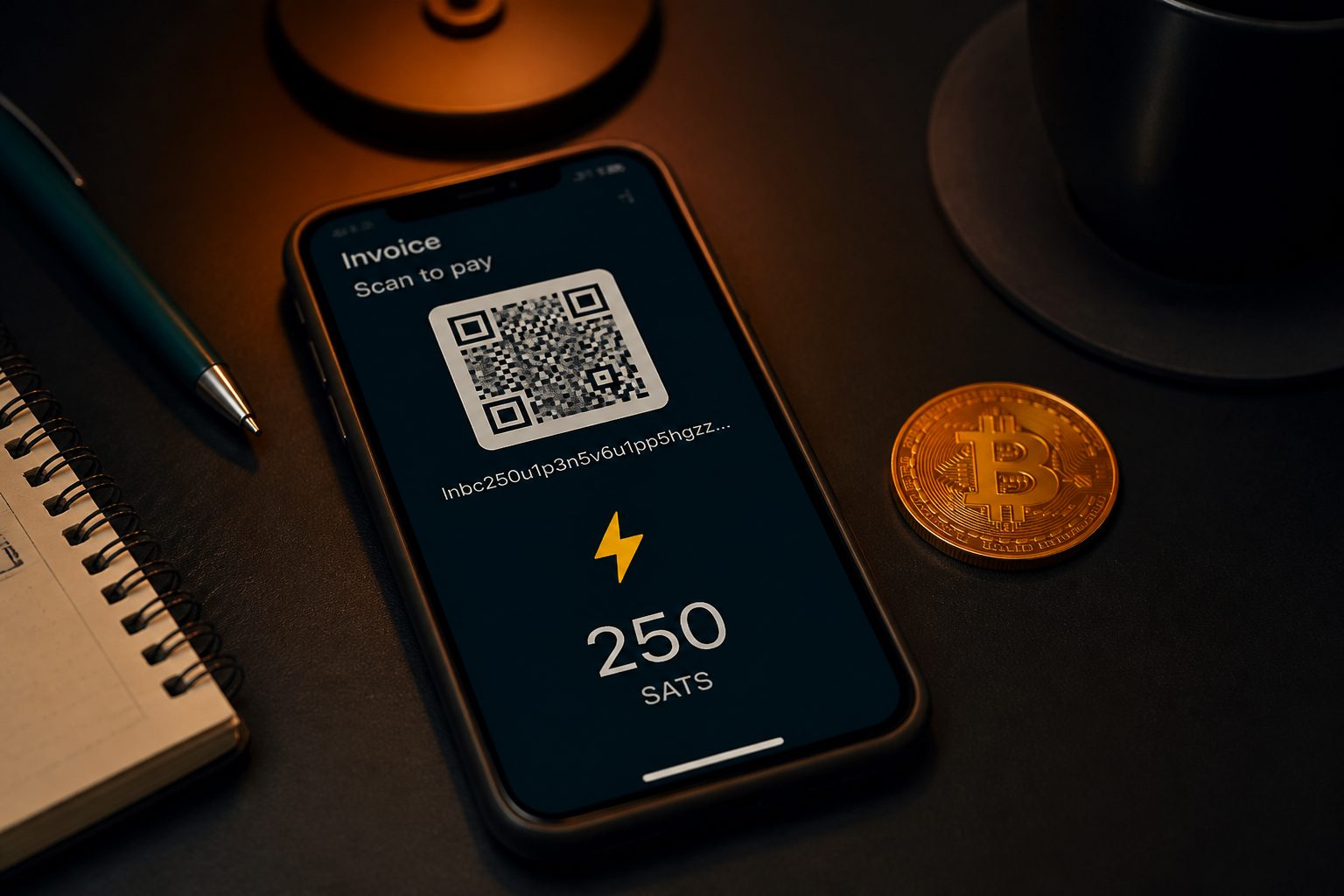 A Lightning invoice QR and SATS next to a Bitcoin coin.