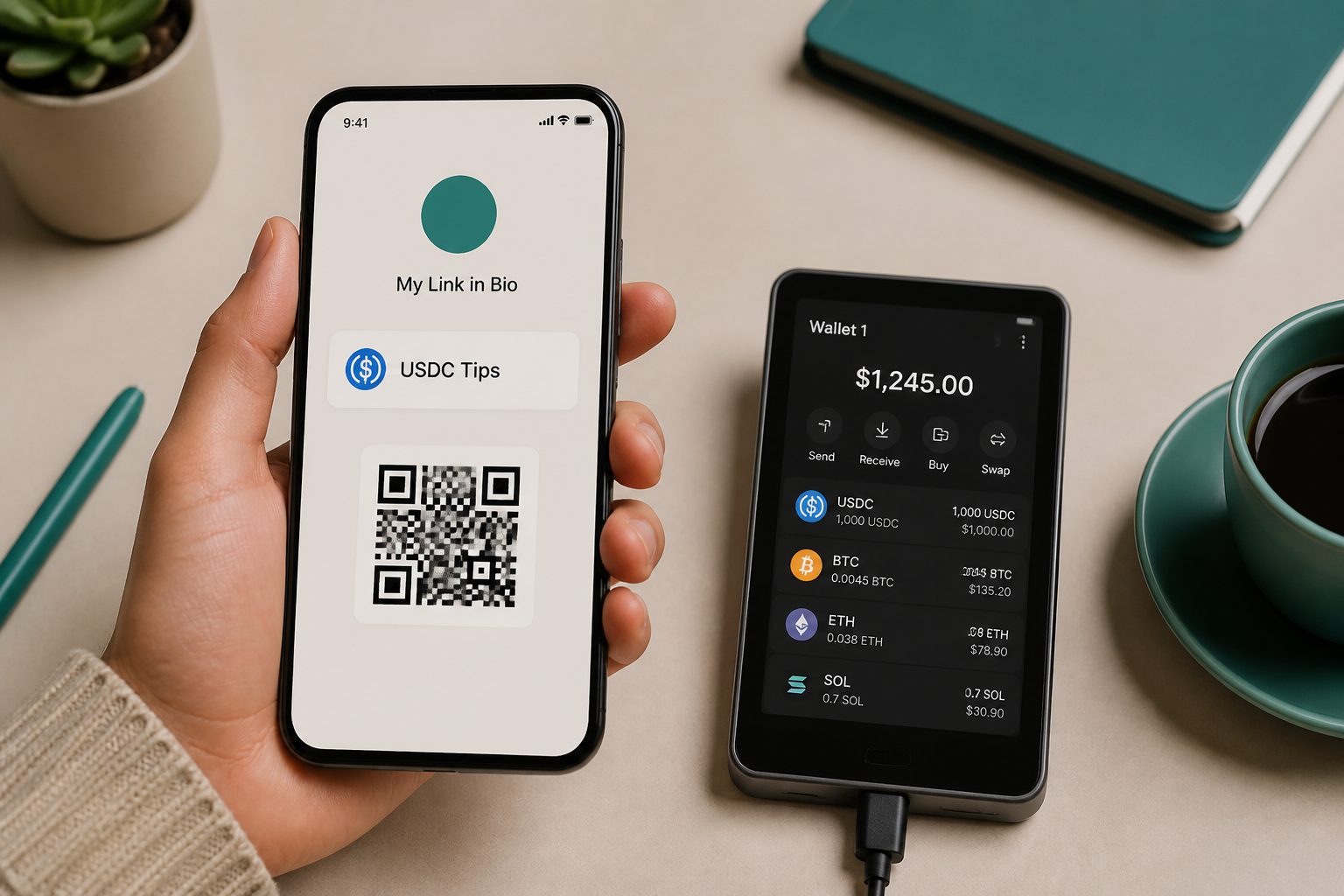A link-in-bio page with a USDC Tips item and a wallet QR.