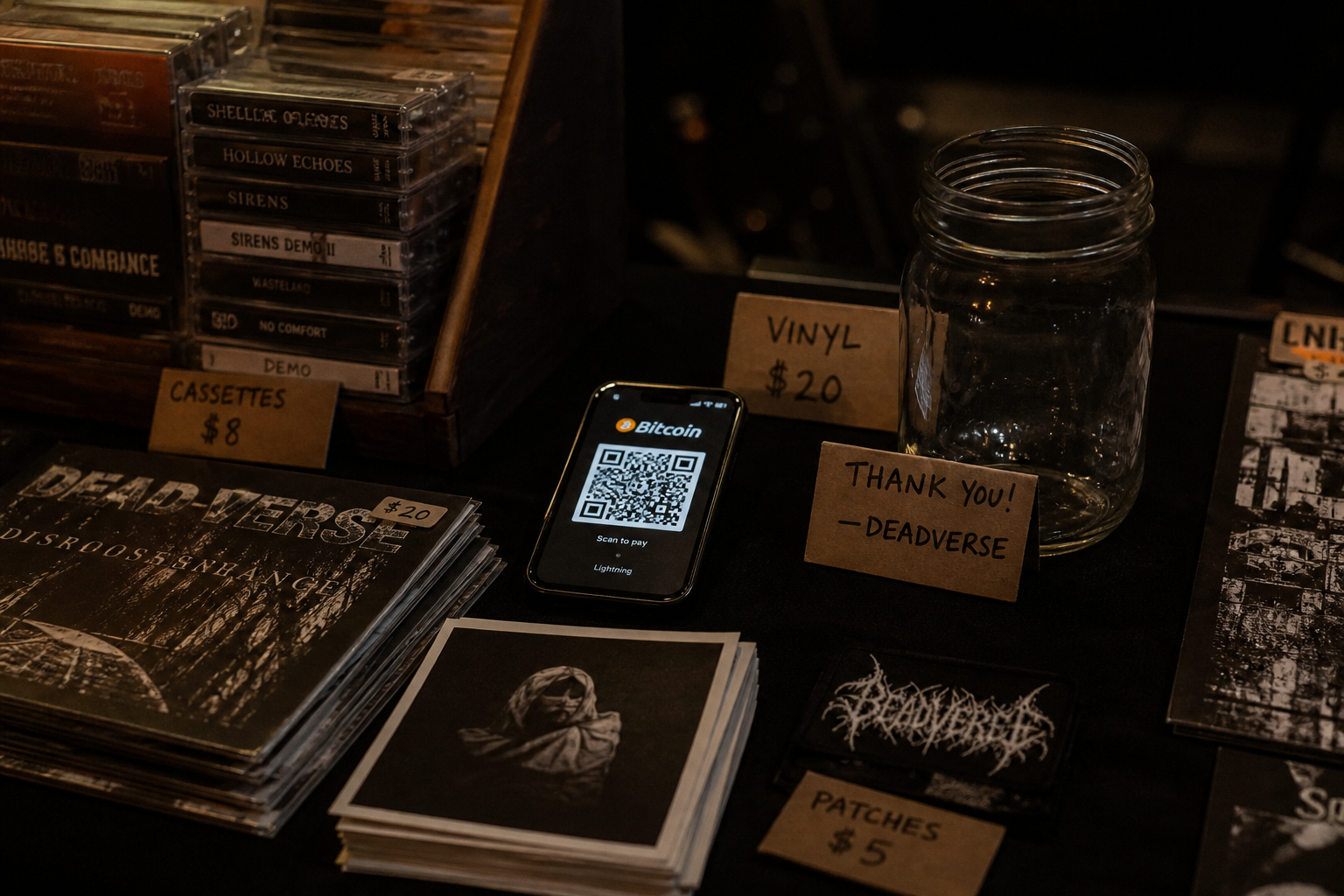 A small-venue merch table with tapes, a phone showing a large Bitcoin QR, and dim warm light.