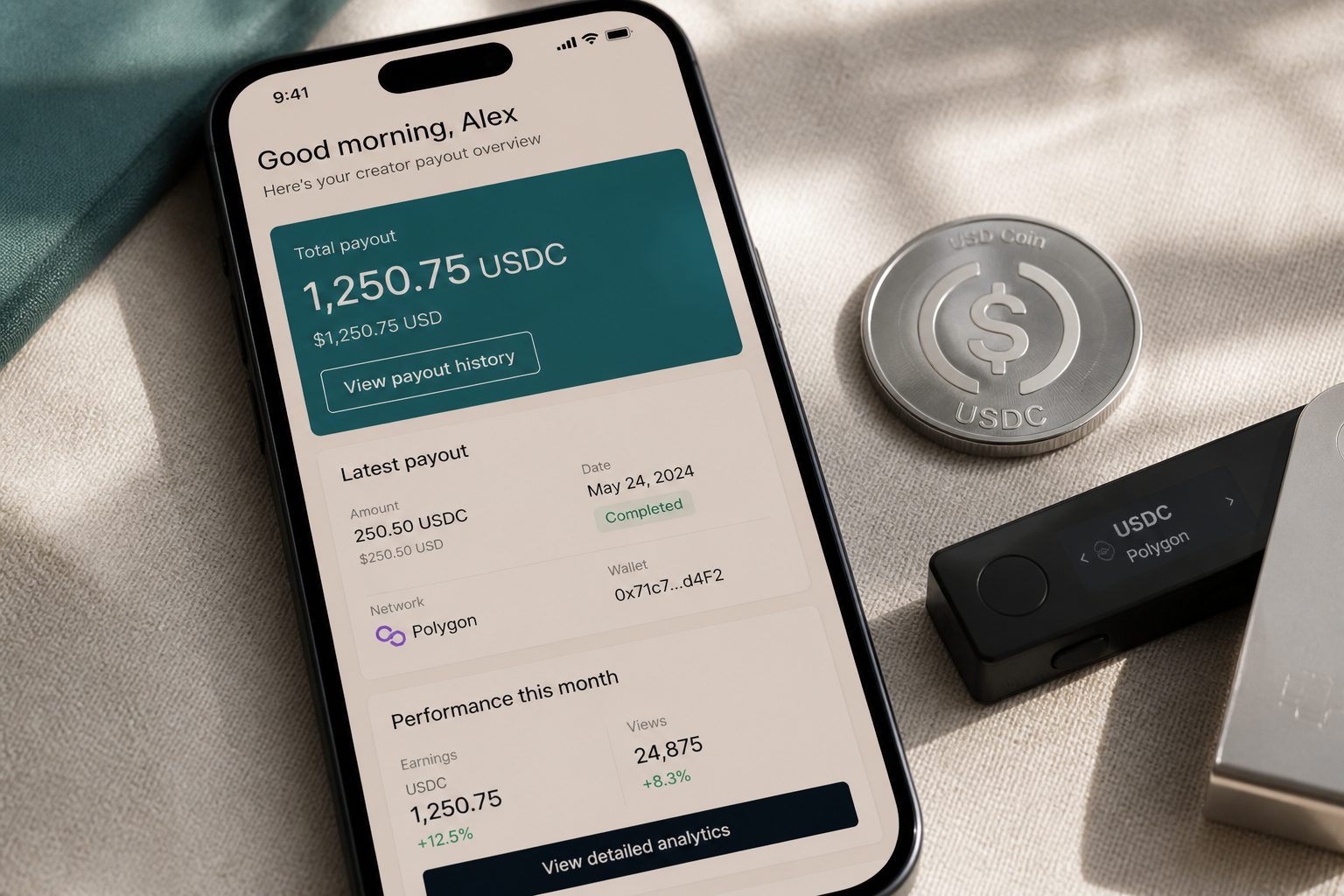 A creator payout screen showing USDC on Polygon next to a hardware wallet.
