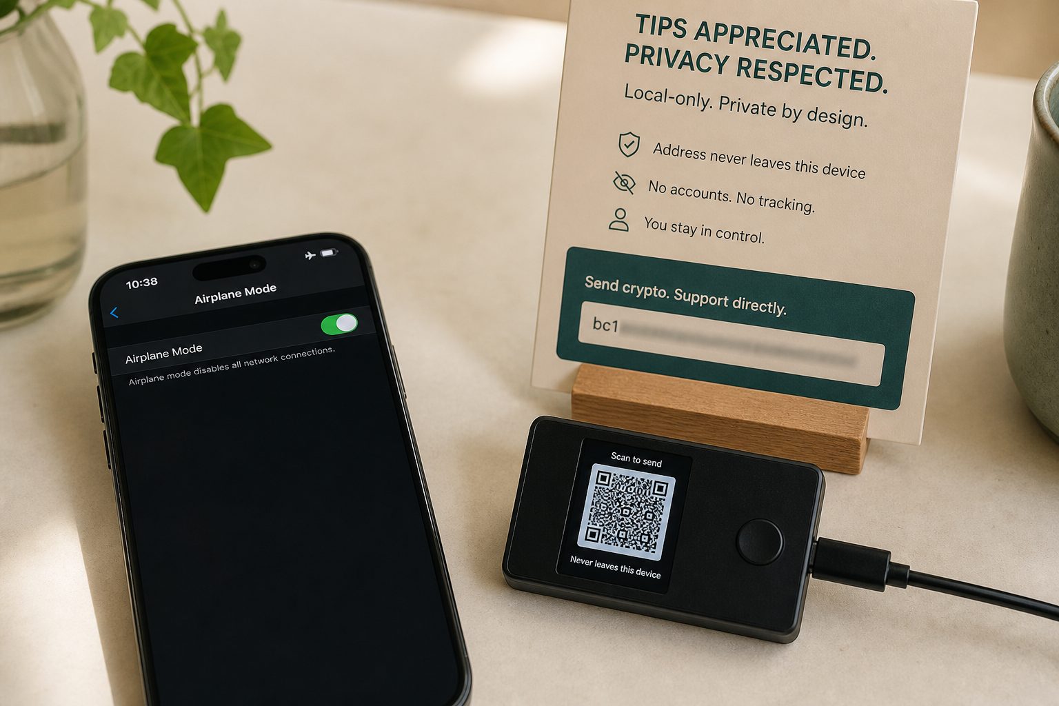 A phone and hardware wallet: the tip QR never left the device.