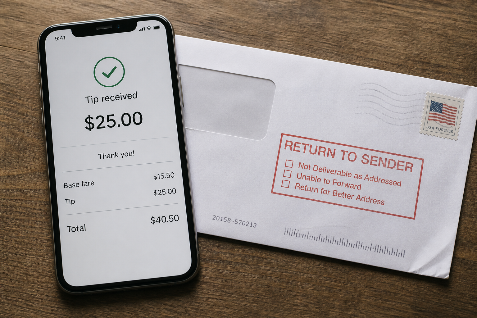 A phone showing a generic received-tip screen next to a stamped return envelope.