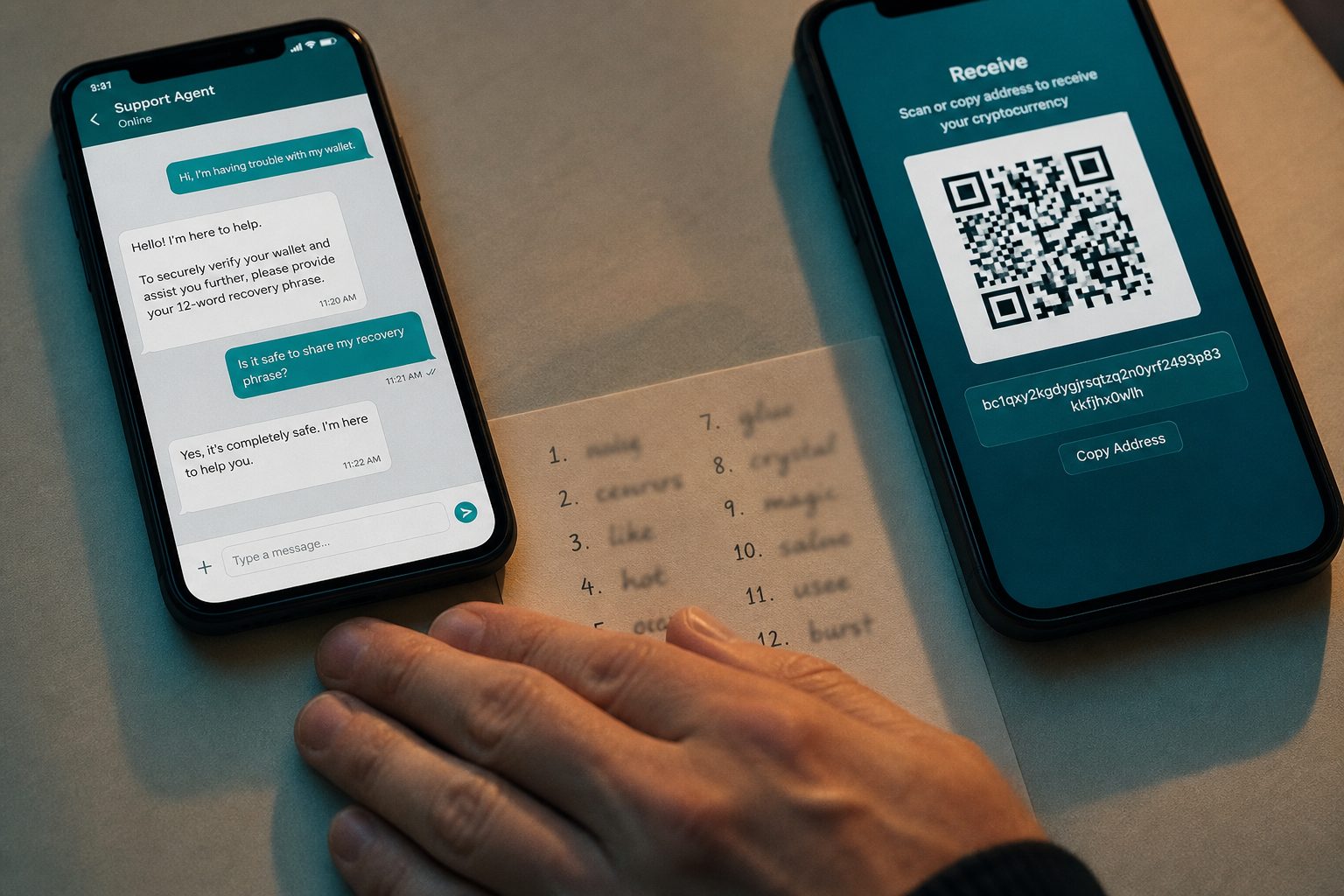 A fake support chat asking for a seed phrase next to a real wallet QR.