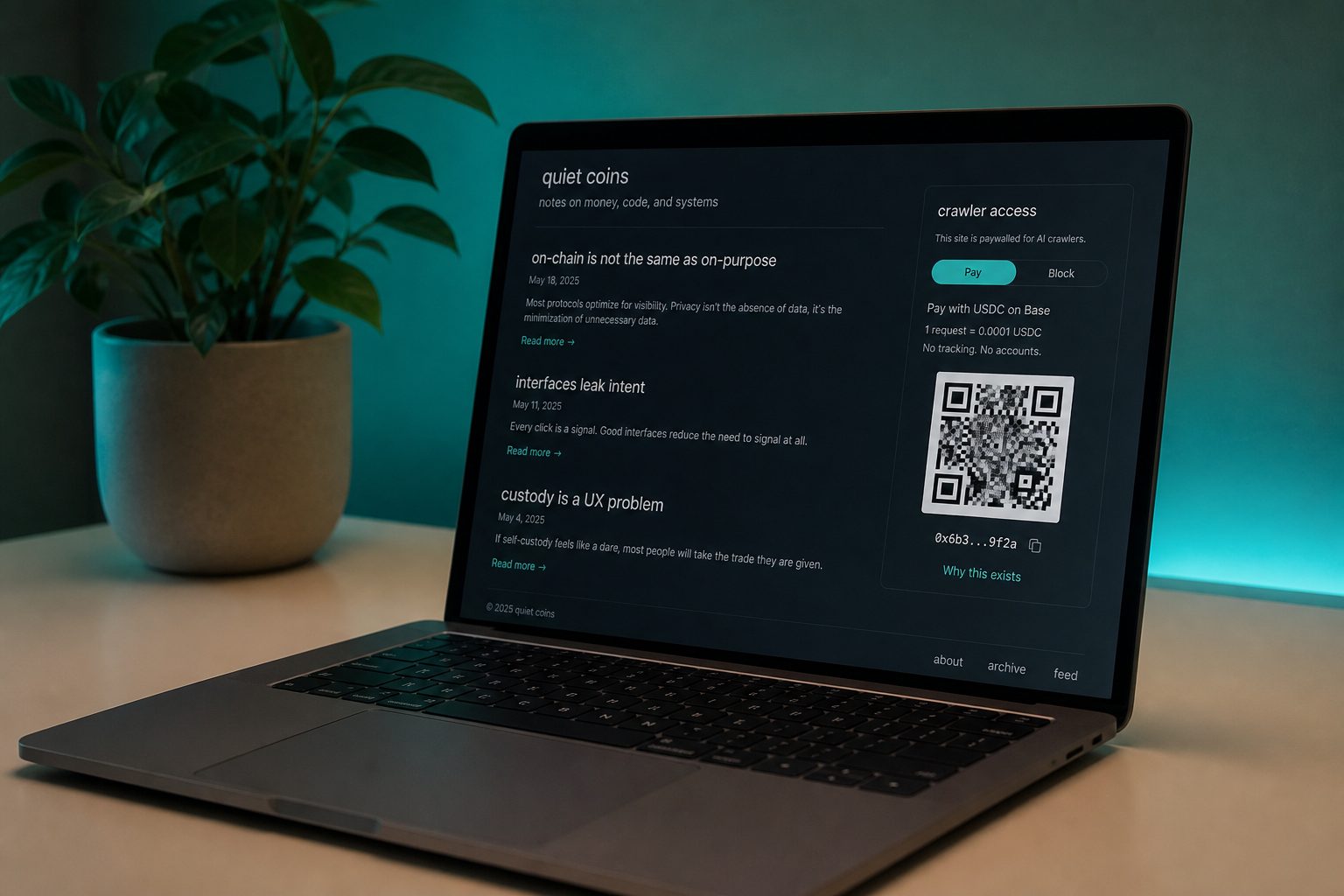 A small blog with a pay-or-block toggle and a USDC QR.
