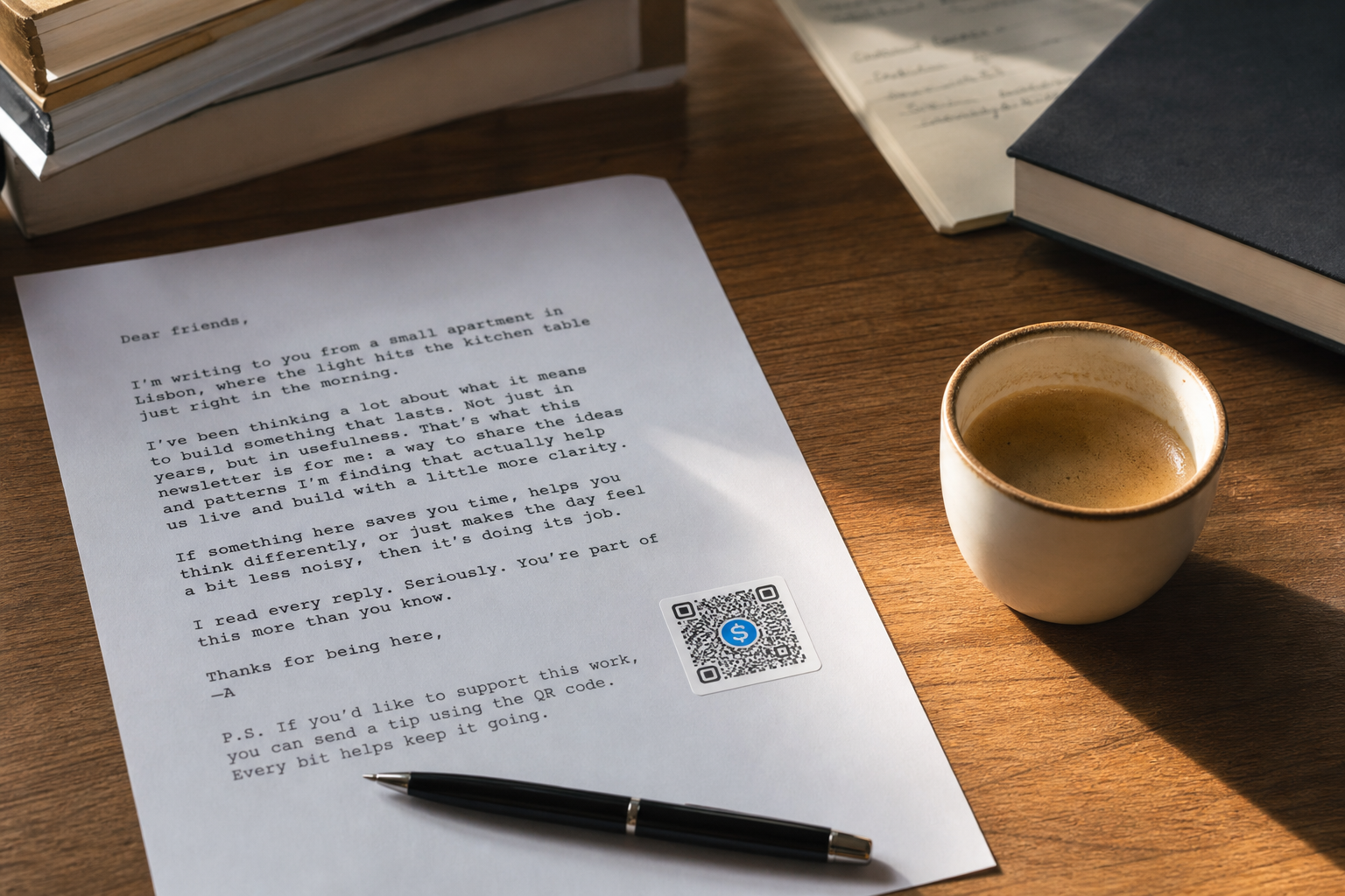 A typed newsletter letter on a desk with a small USDC QR sticker and a coffee cup.