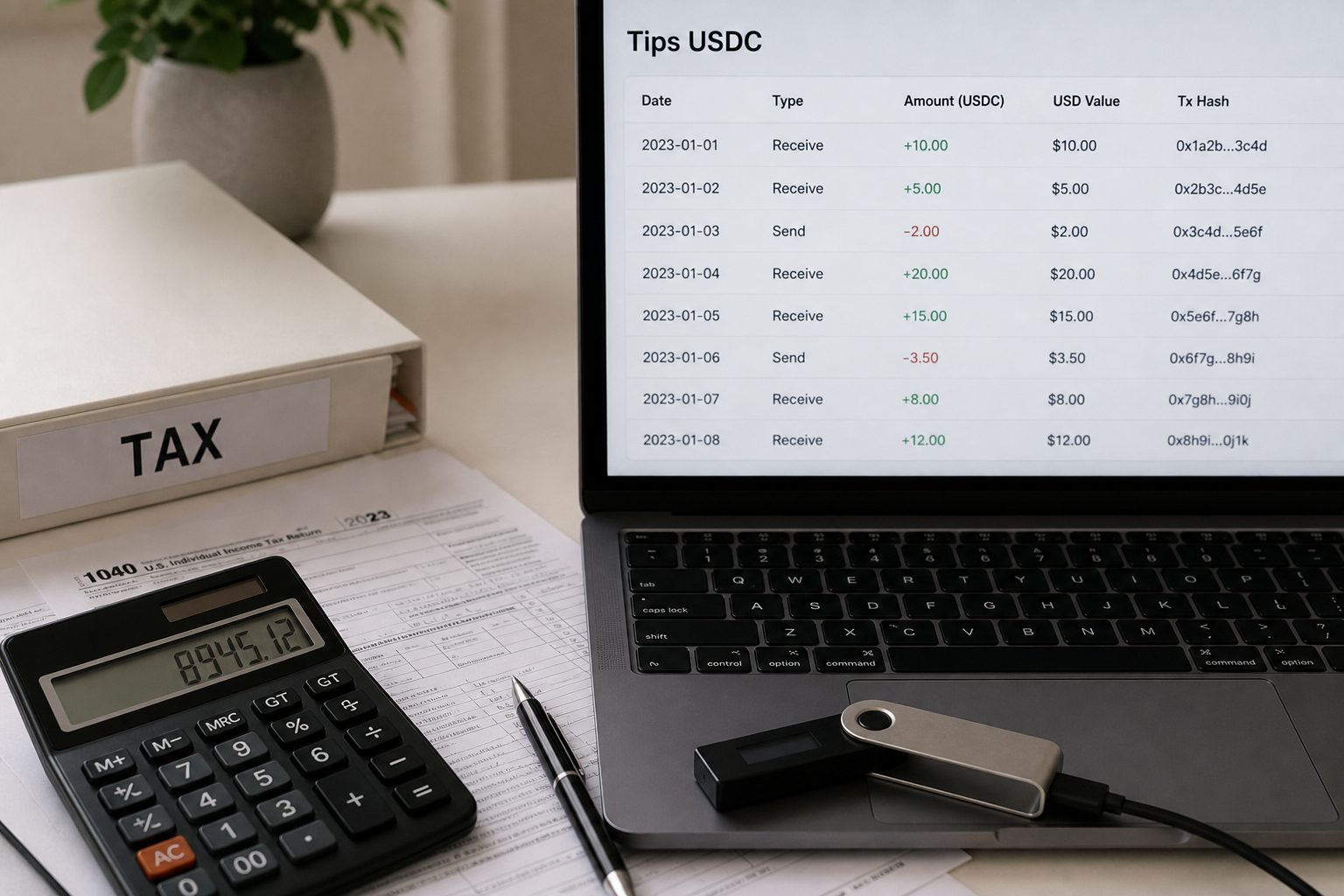 A tax folder next to a laptop listing USDC tip history.