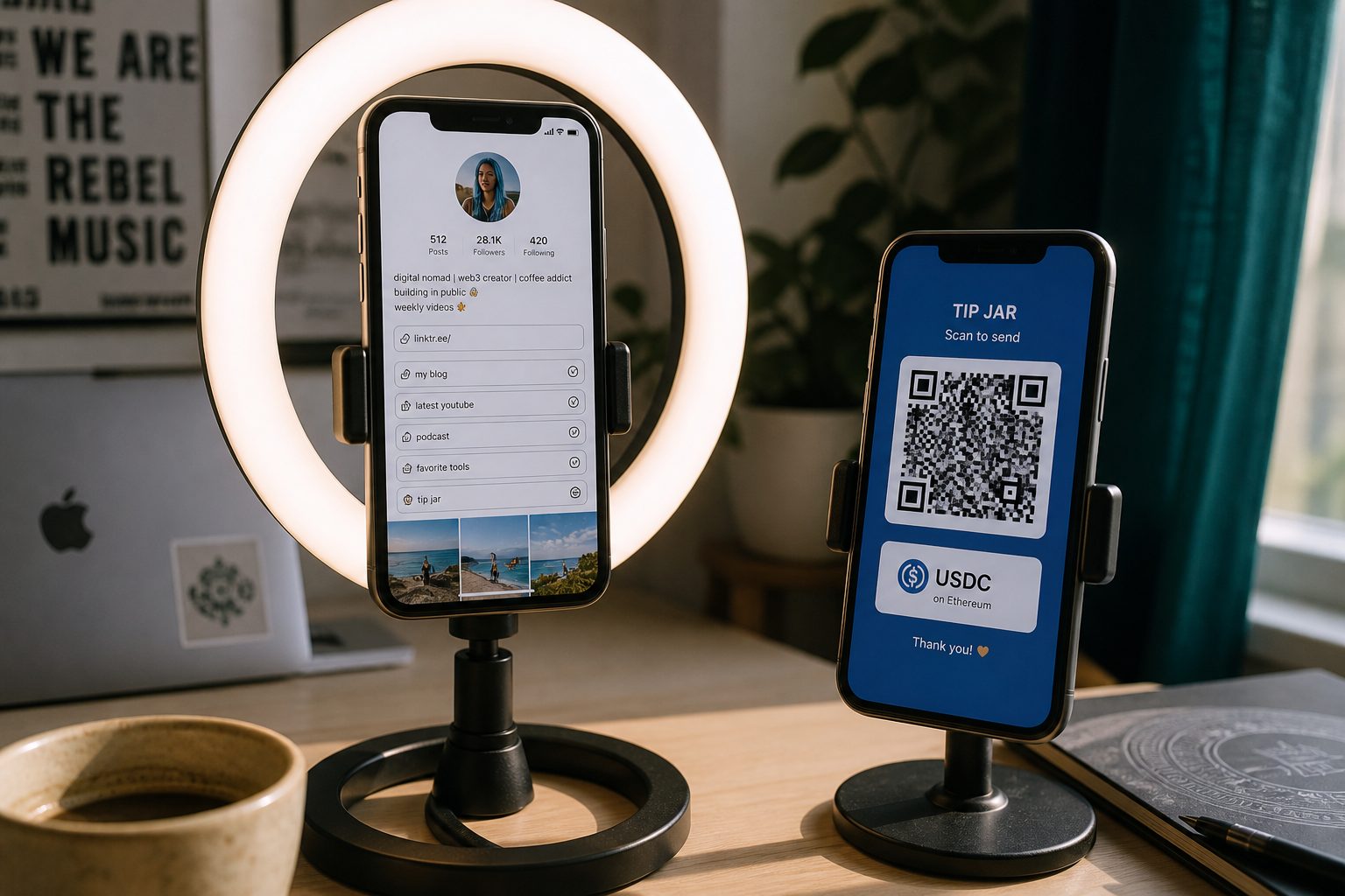 A social profile link and a second phone showing a USDC tip QR.