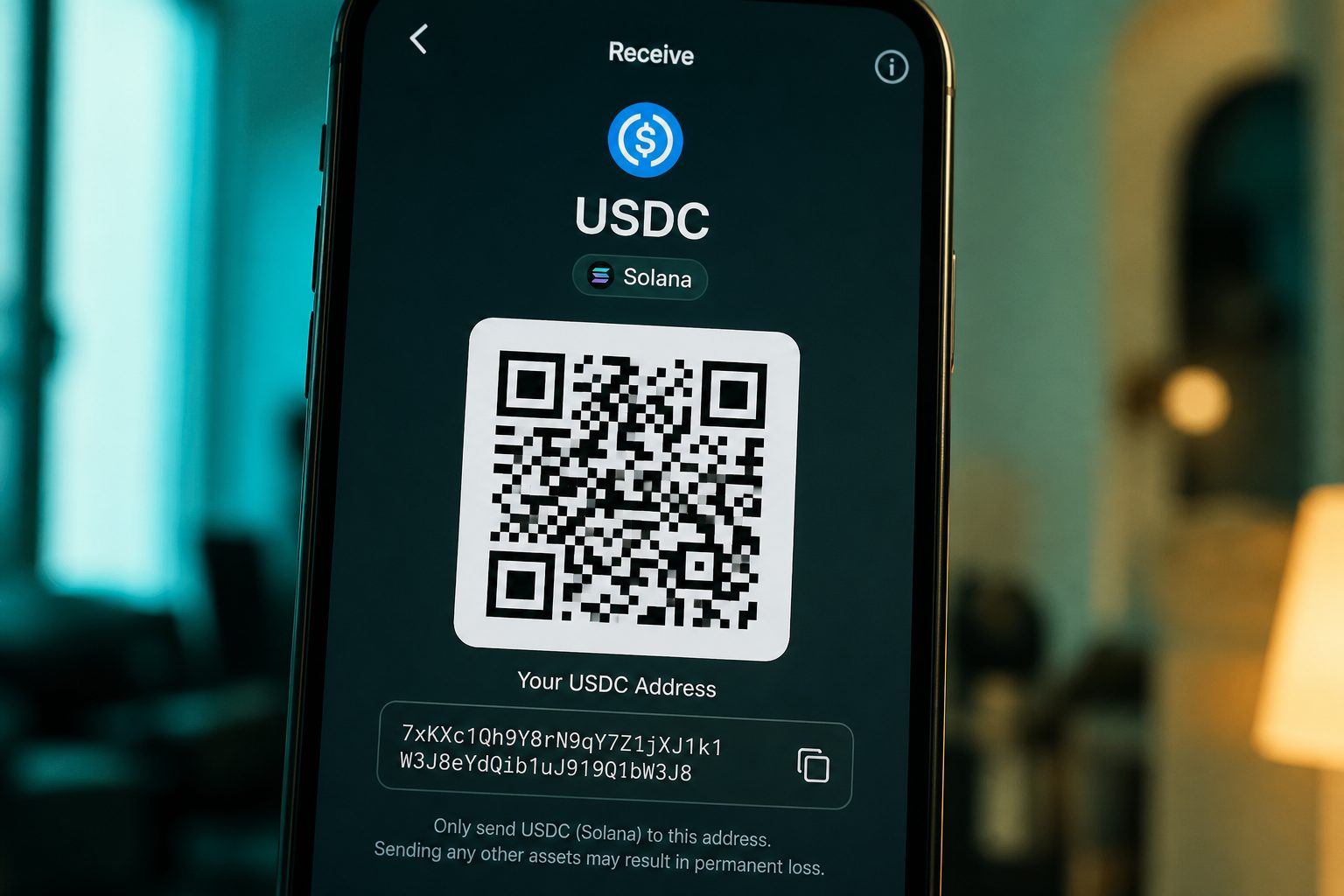 A phone showing a USDC receive screen and QR code.
