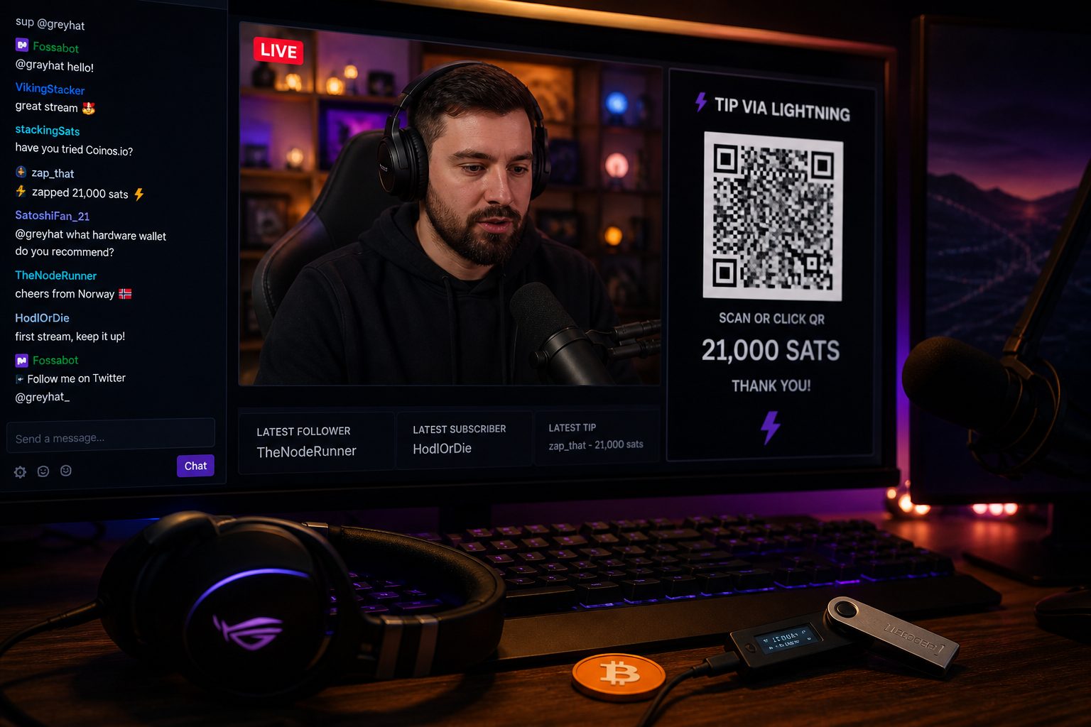 A stream overlay showing a Lightning invoice QR and SATS.
