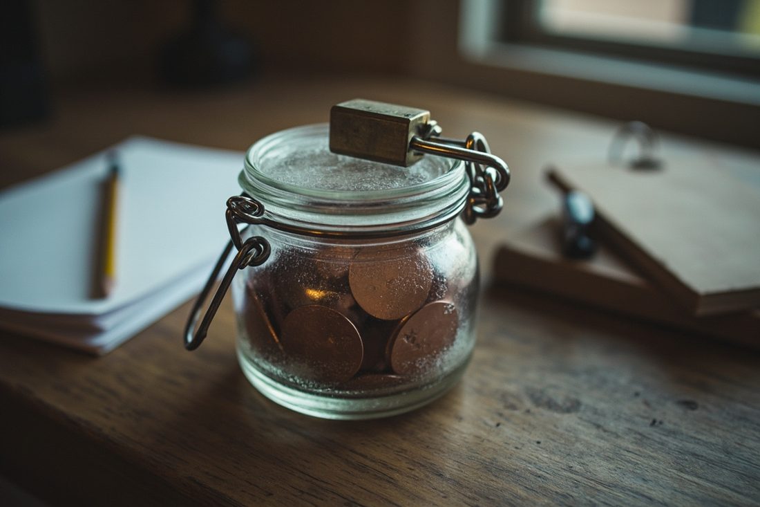 A small frosted glass jar of plain copper discs on a worn wooden desk, a thin chain and brass padlock fastened across its top, with a notebook and pencil beside it.