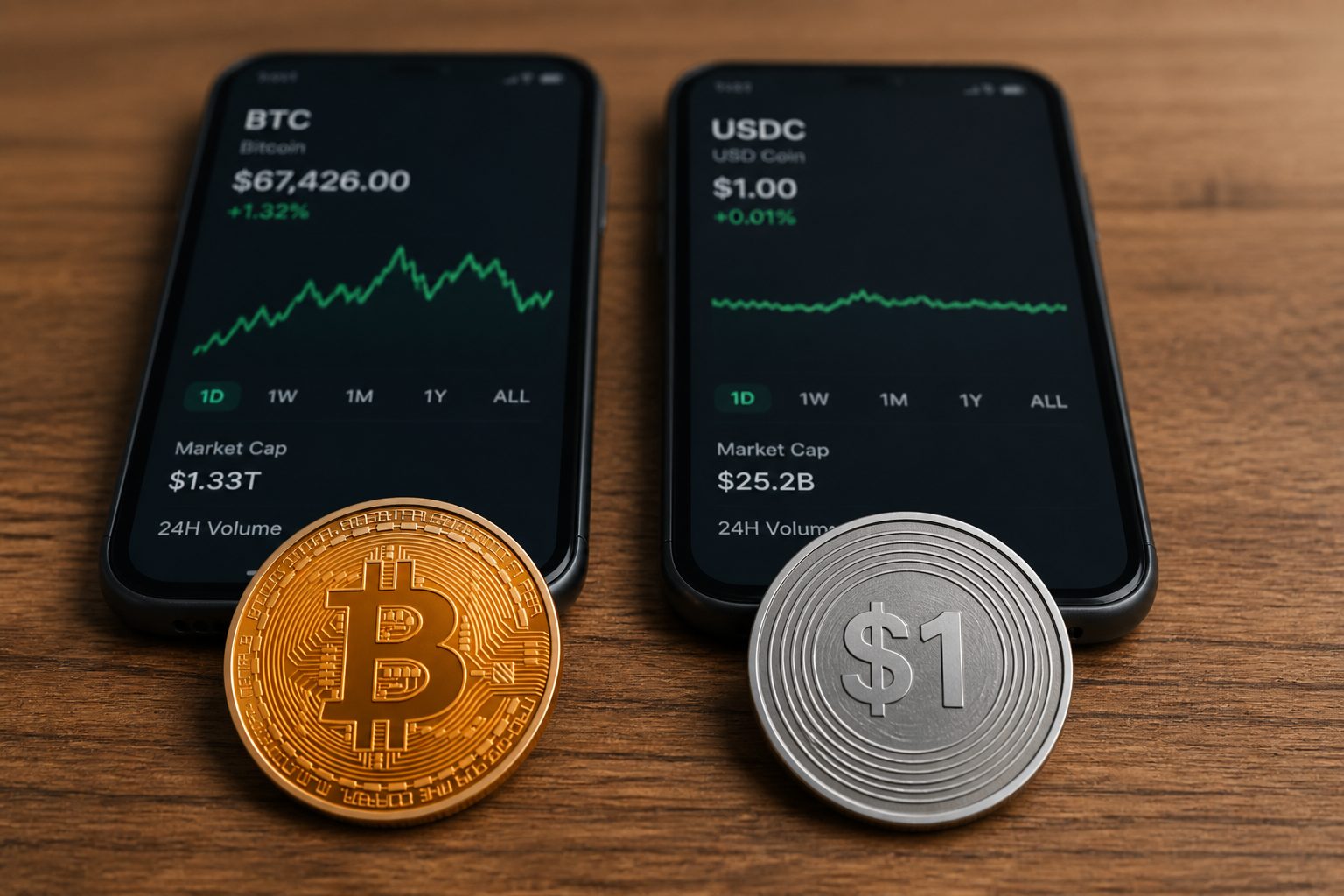 A Bitcoin coin next to a USDC coin, two phones behind them.