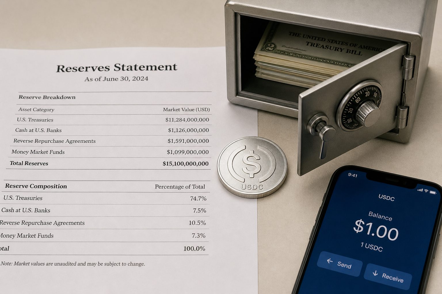 A USDC coin on a reserve statement next to a one-dollar balance.