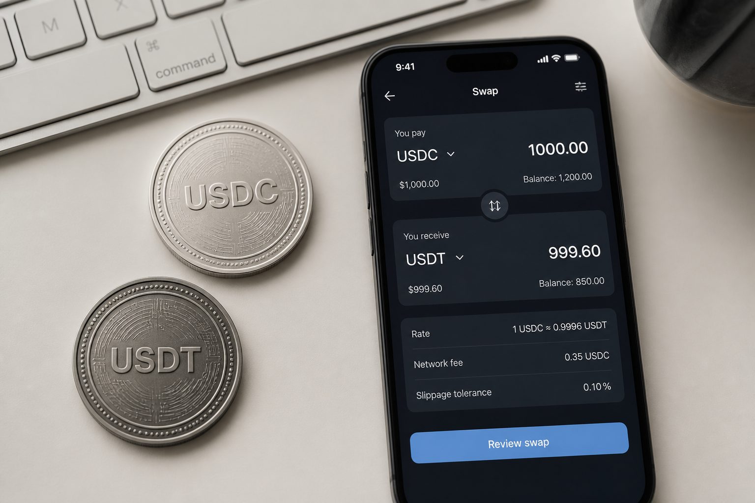 USDC and USDT coins side by side with a swap screen.