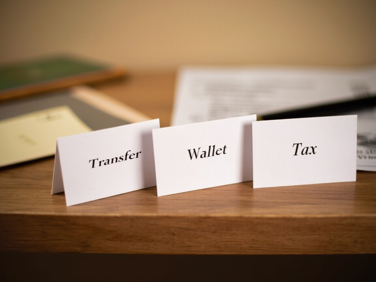 Three small white cards labelled transfer, wallet and tax on a wooden shelf, with a pen and a printed bank statement beside them.
