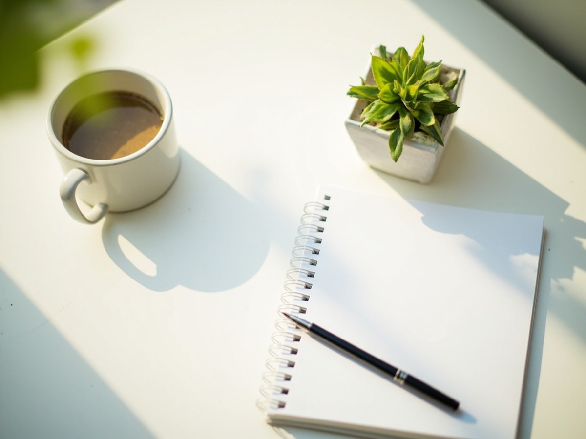 A clean white desk with a smartphone showing a near-instant dollar transfer on screen, a coffee mug, a notebook open to a hand-written ledger, and a small potted plant, lit by morning sun through a window.