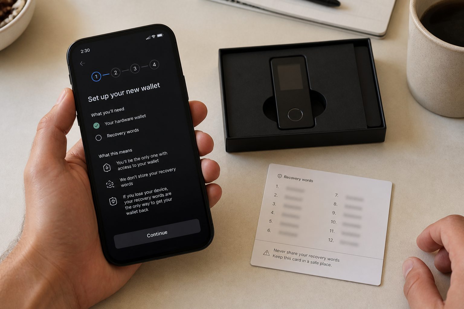 A new self-custody wallet on a phone next to a hardware wallet.
