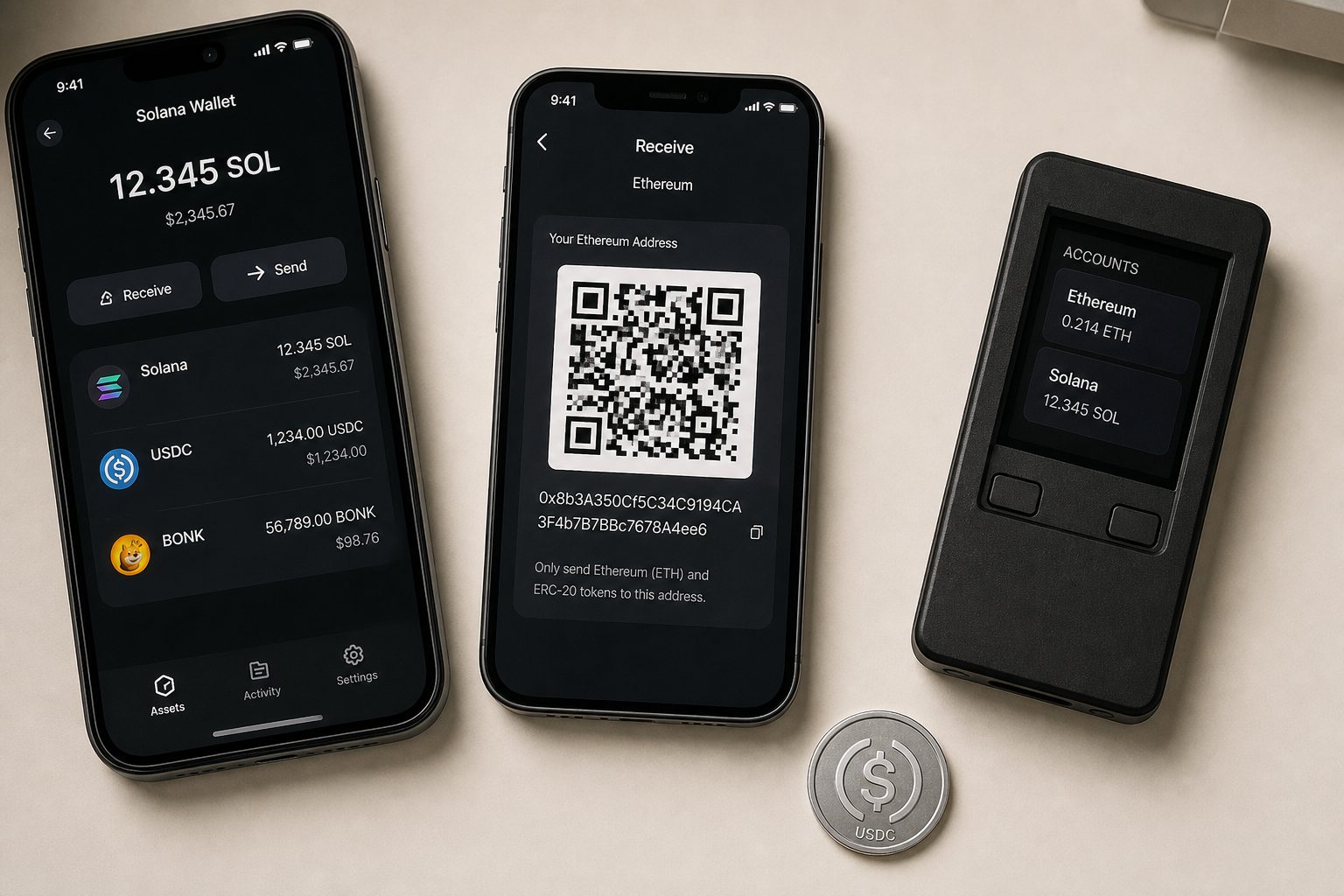Three crypto wallets: Solana, an EVM receive address, and a hardware device.