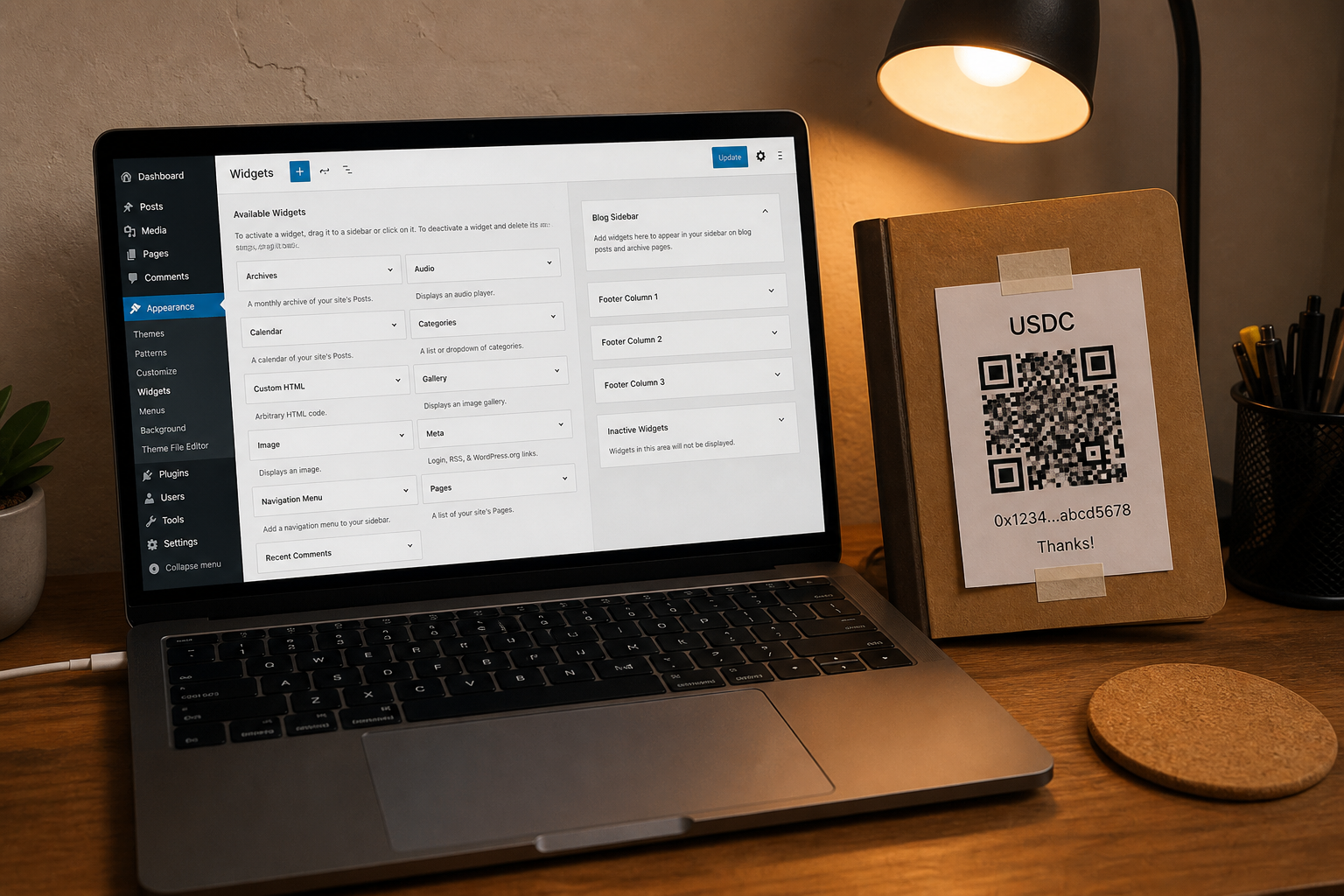 A laptop on a desk with a printed USDC QR taped to a notebook.
