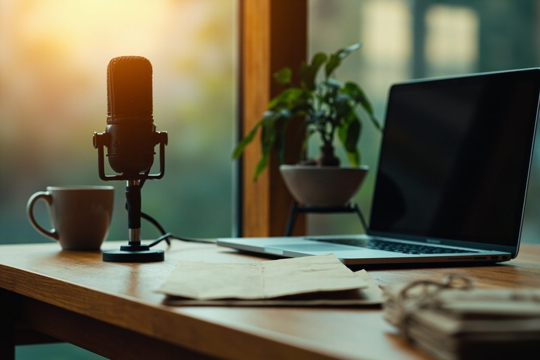 A home creator's wooden desk in late afternoon light, with a podcast microphone, an open laptop, a coffee mug and a stack of plain brown envelopes tied with twine.