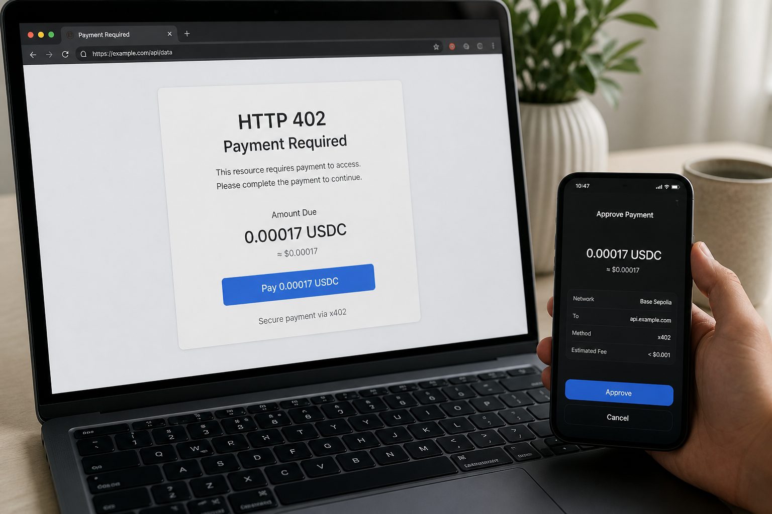 A browser showing HTTP 402 Payment Required in USDC.