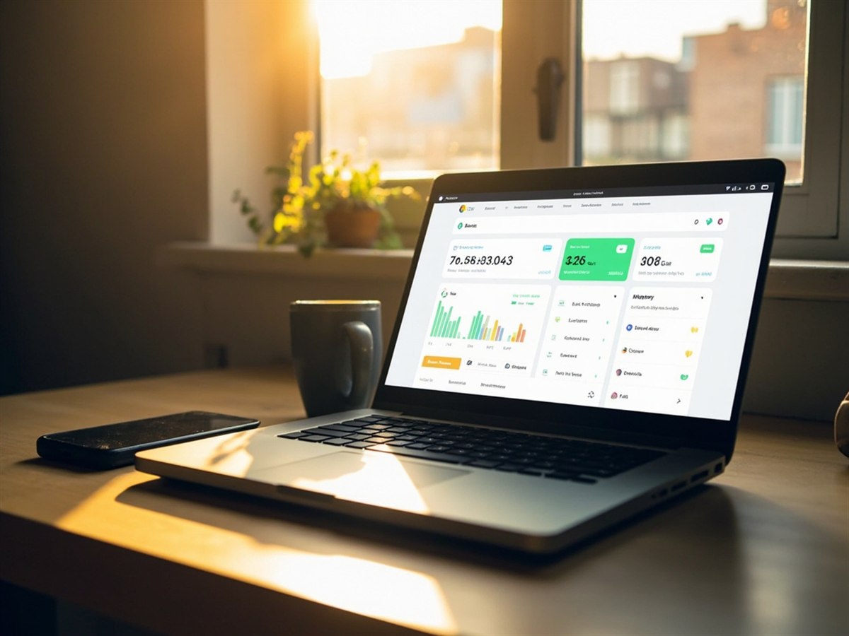 A creator's home office in late afternoon, with an open laptop showing a payment dashboard, a smartphone, a small plant, and a coffee mug.
