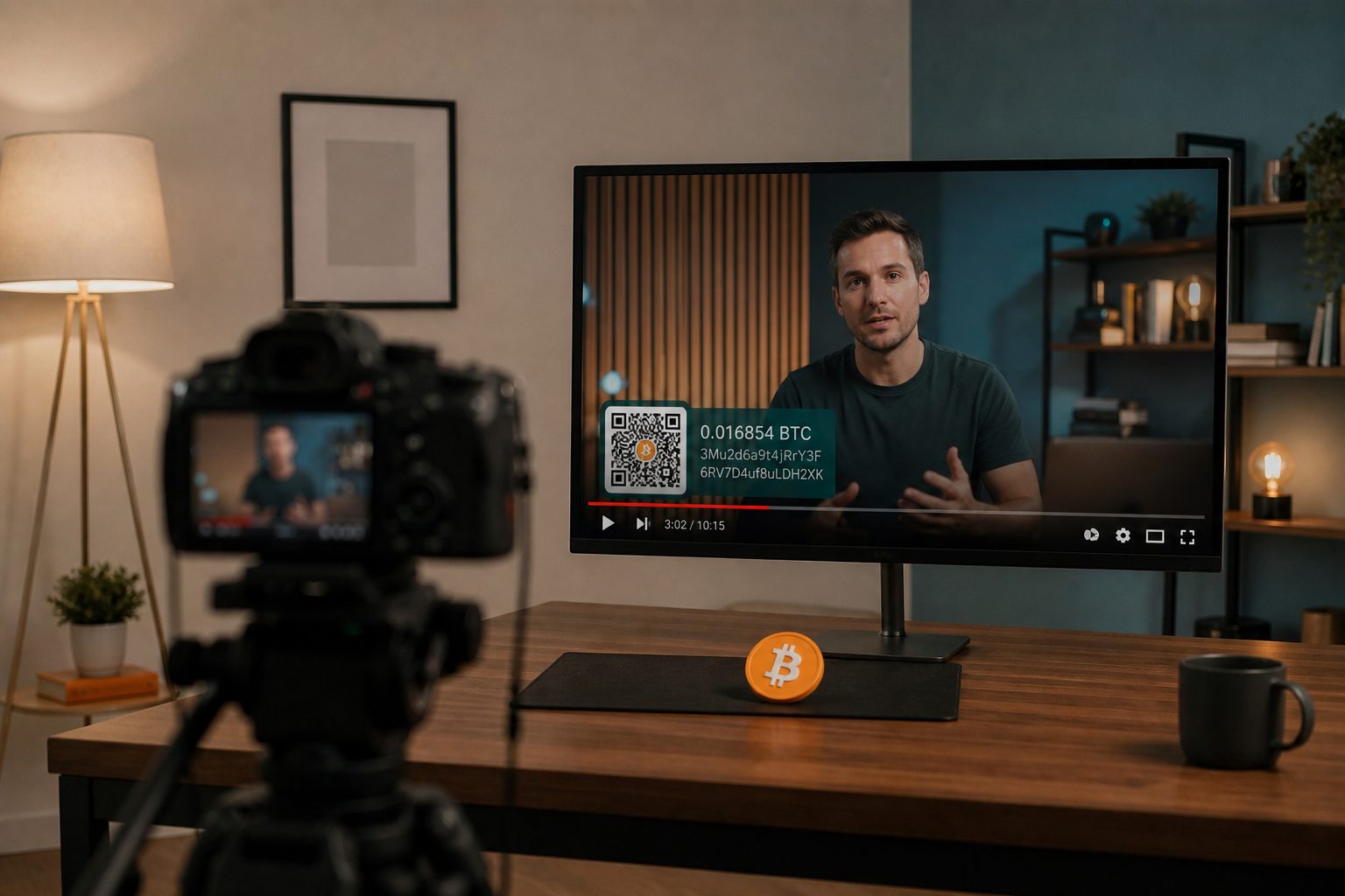 A camera filming a video overlay with a Bitcoin QR.